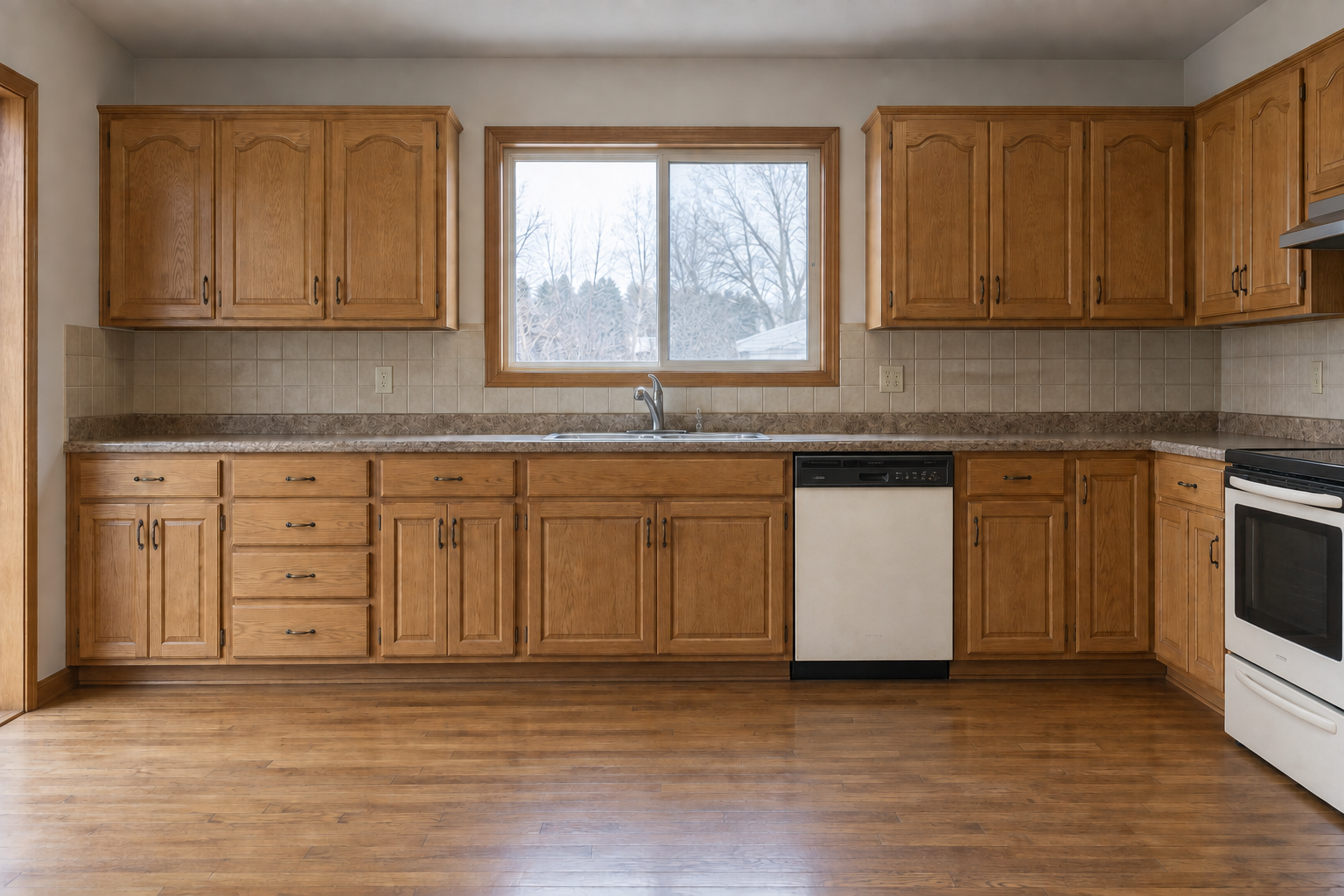 Dated kitchen with oak cabinetry, laminate counters and older white and black appliances.