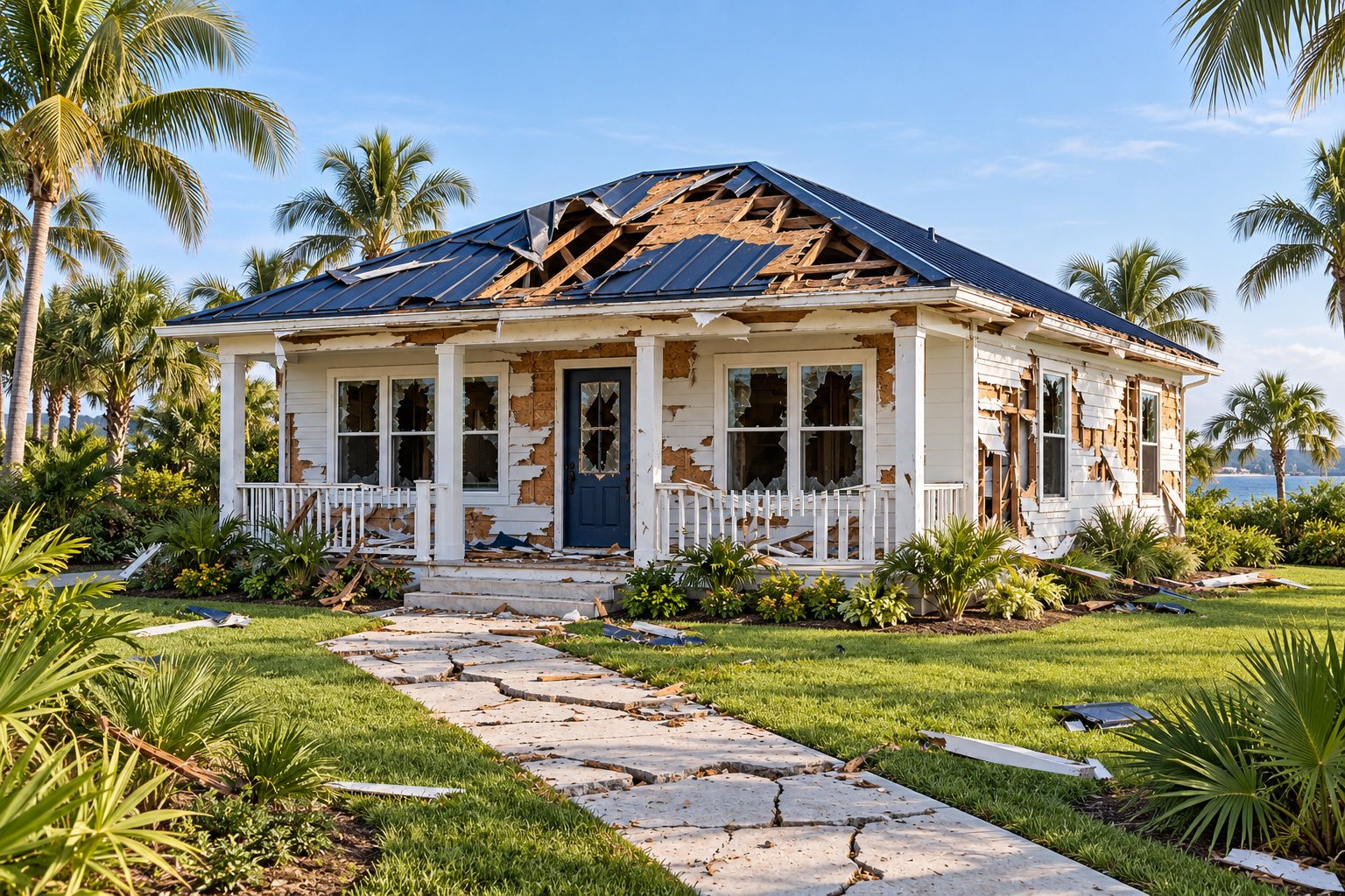 Conceptual storm-damaged home with missing roof, siding, windows and damaged porch.